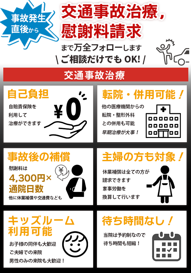 交通事故治療、慰謝料請求まで万全フォローします！